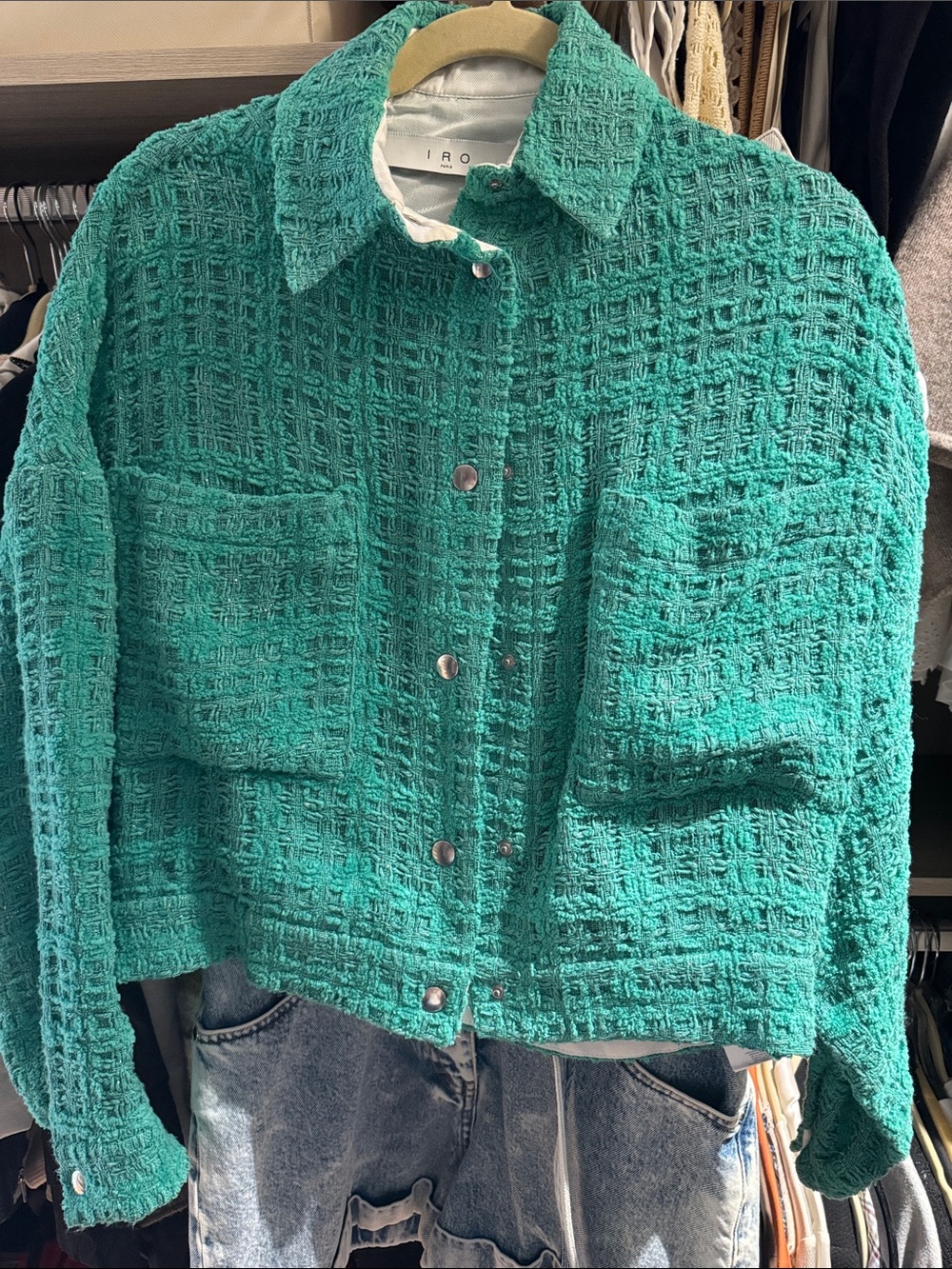 IRO Teal Textured Tweed Cropped Jacket